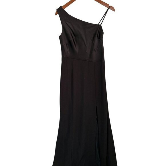 AMSALE Gown Black Satin Dress Maxi Prom Wedding One-shoulder Size 10 - Picture 3 of 10